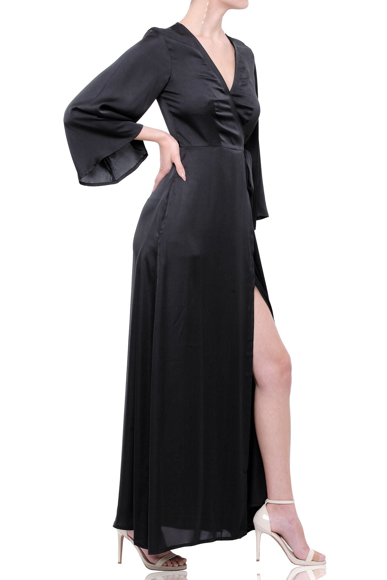 "black wrap over dress" "Kyle X Shahida" "women's long sleeve wrap dress" "wrap maxi dress"