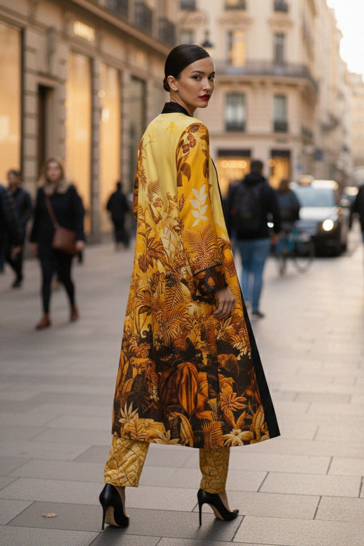 silk kimono robe, yellow womens kimono, shahida parides, cream slip dress, elegant womenswear, luxury silk robe, designer womens kimono