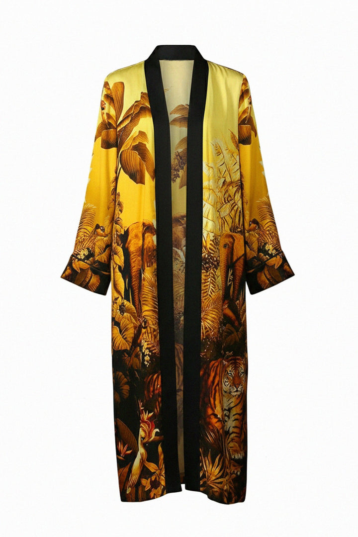 yellow silk kimono, cream slip dress, shahida parides, elegant womens robe, luxury bedroom style, designer womens kimono