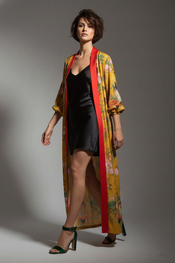 yellow kimono robe, silk layering piece, red trim kimono, floral artwork robe, womens elegant look