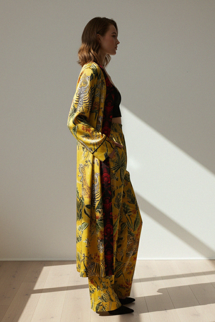 tropical robe, silk layering, animal motif, floral accents, boho luxury, chic resort, patterned kimono