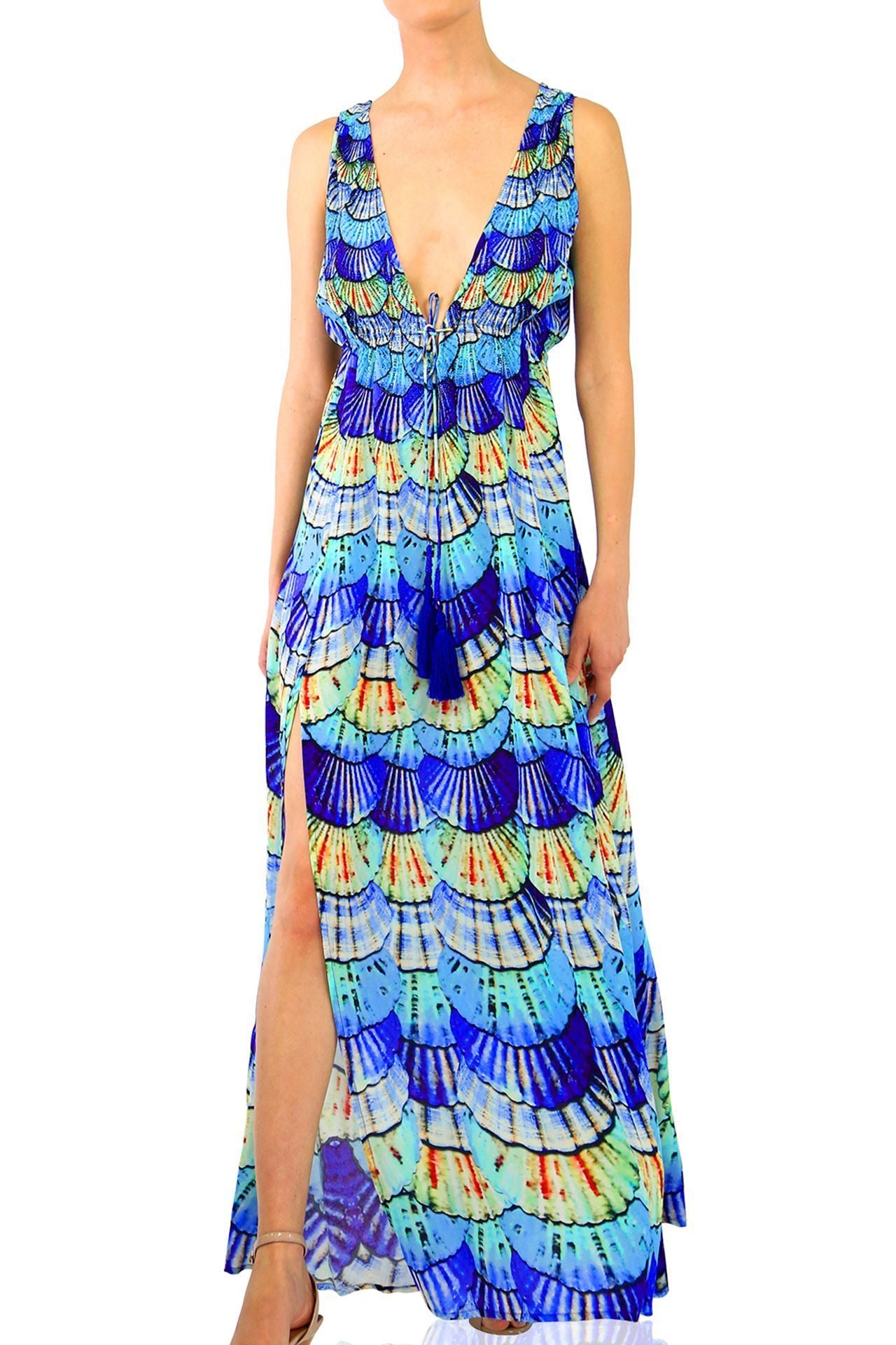 As Seen on Paris Hilton Designer  V Neck Maxi Dress in Blue