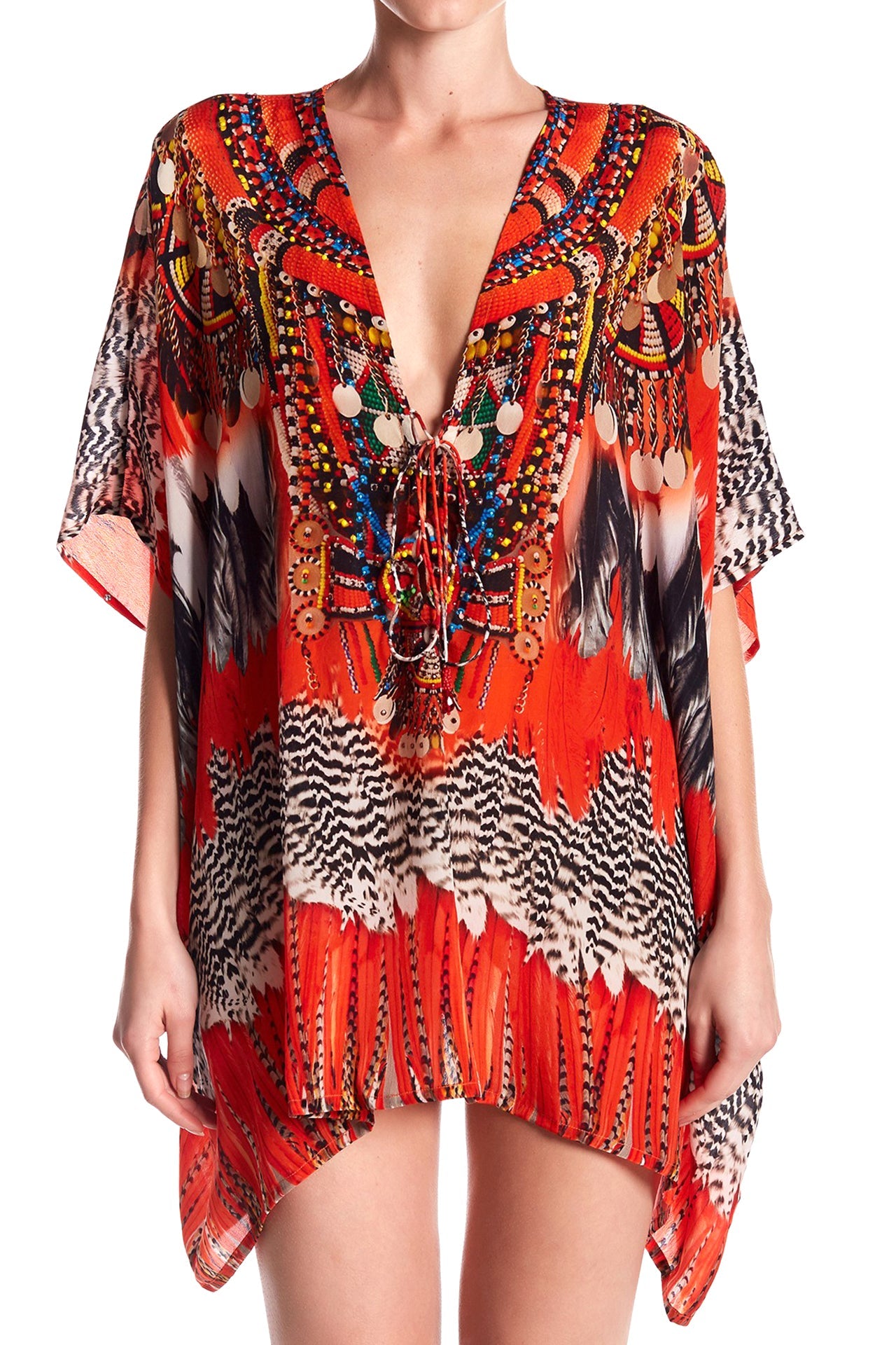 Short Lace up Kaftan in Feathers