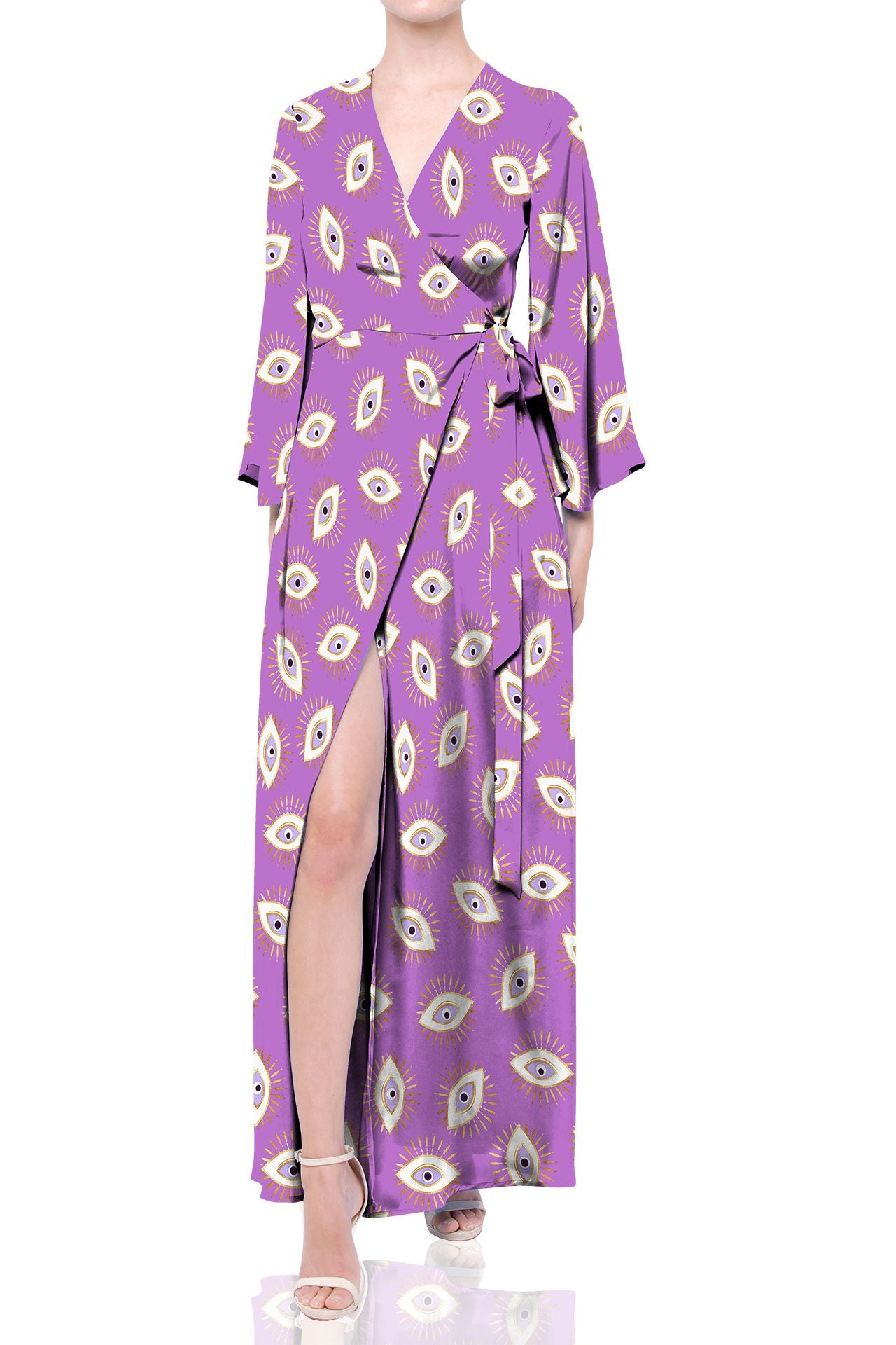 Designer Long Wrap Dress in Violet Eye Print
