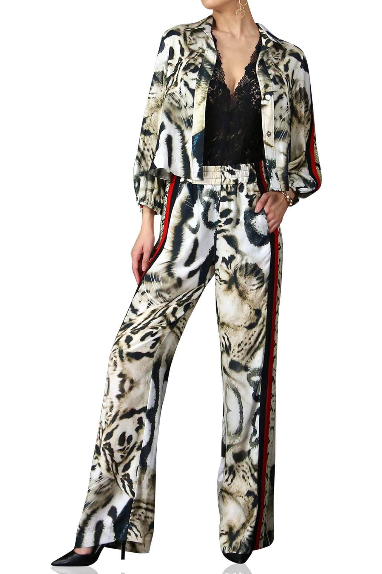 Matching Set in White Tiger Print  Track Suit Cropped Jacket with Pant