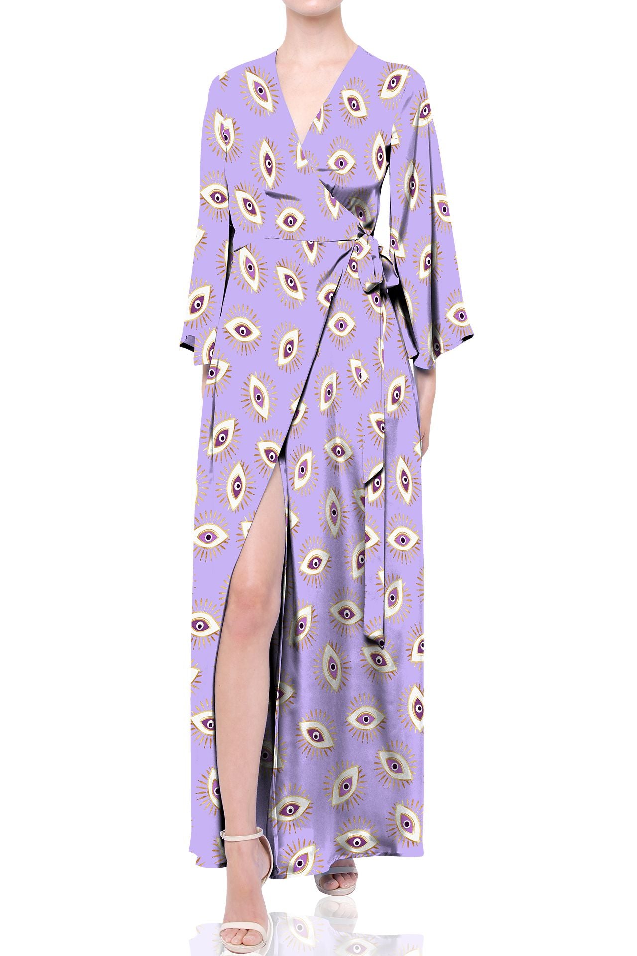 Digital Lavender Long Wrap Dress in Eye Print