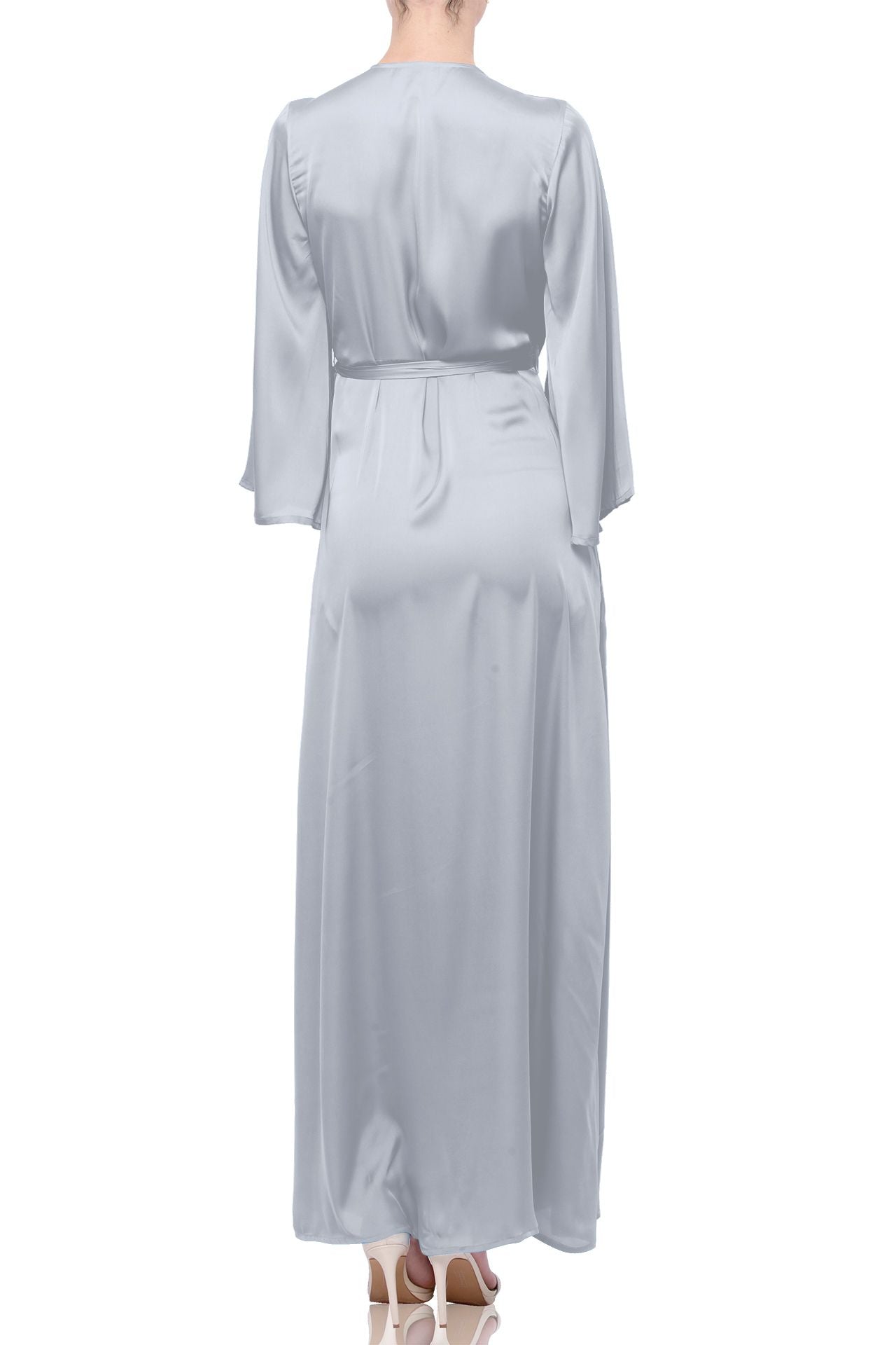 Long Full Sleeve Maxi Wrap Dress in Solid Grey