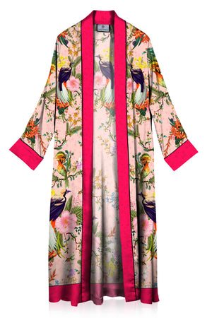 Bird Print Floral Silk Robe Coat