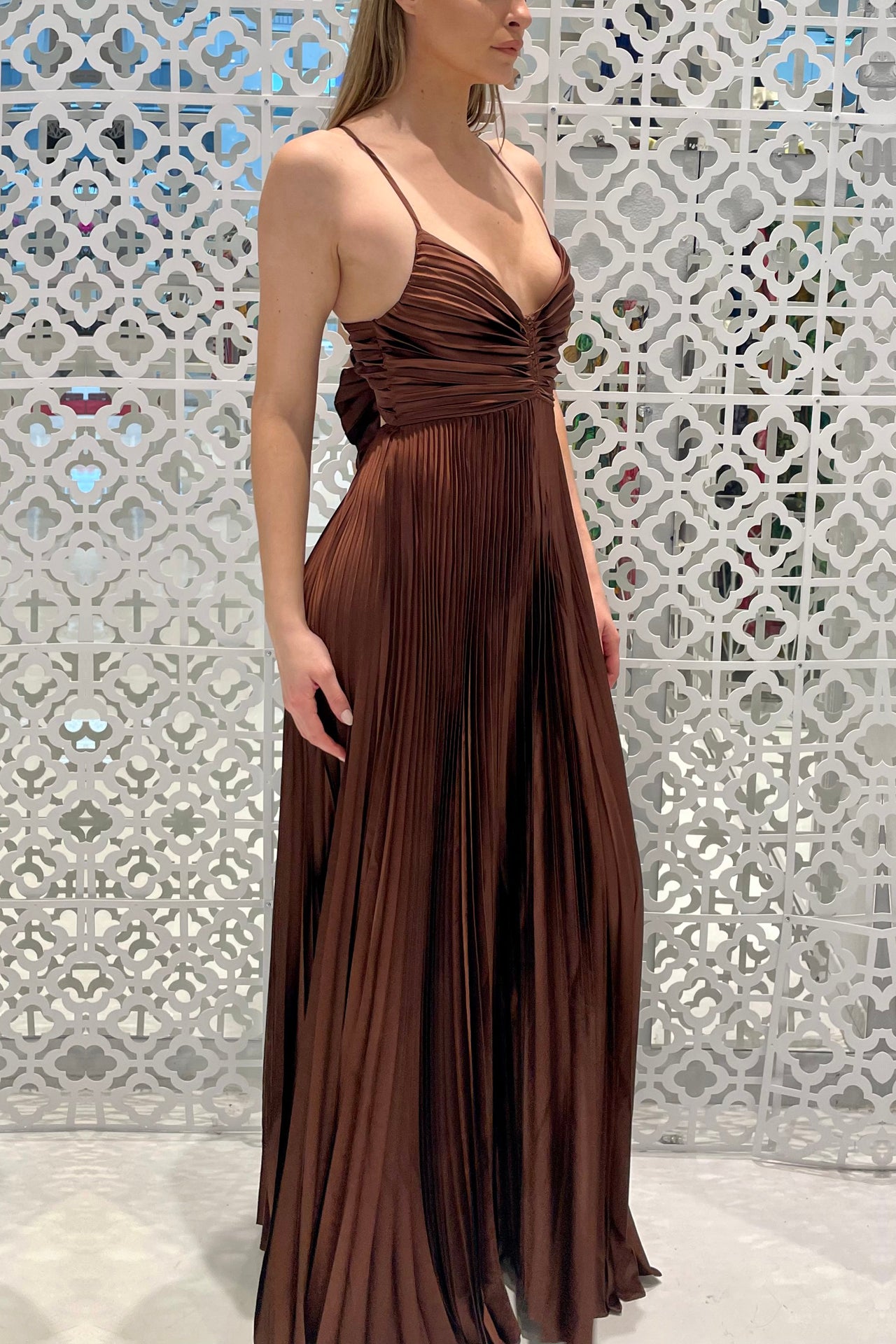 Satin Maxi Dress in Brown
