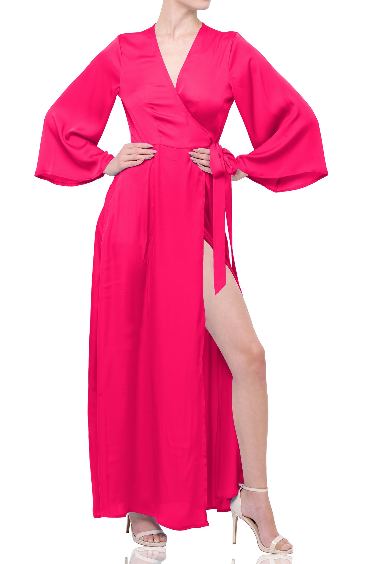 Designer Long Maxi Wrap Dress in Carmine Rose
