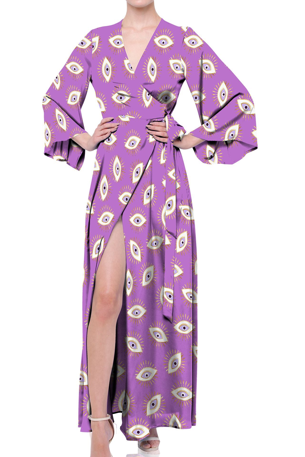 Designer Long Wrap Dress in Violet Eye Print