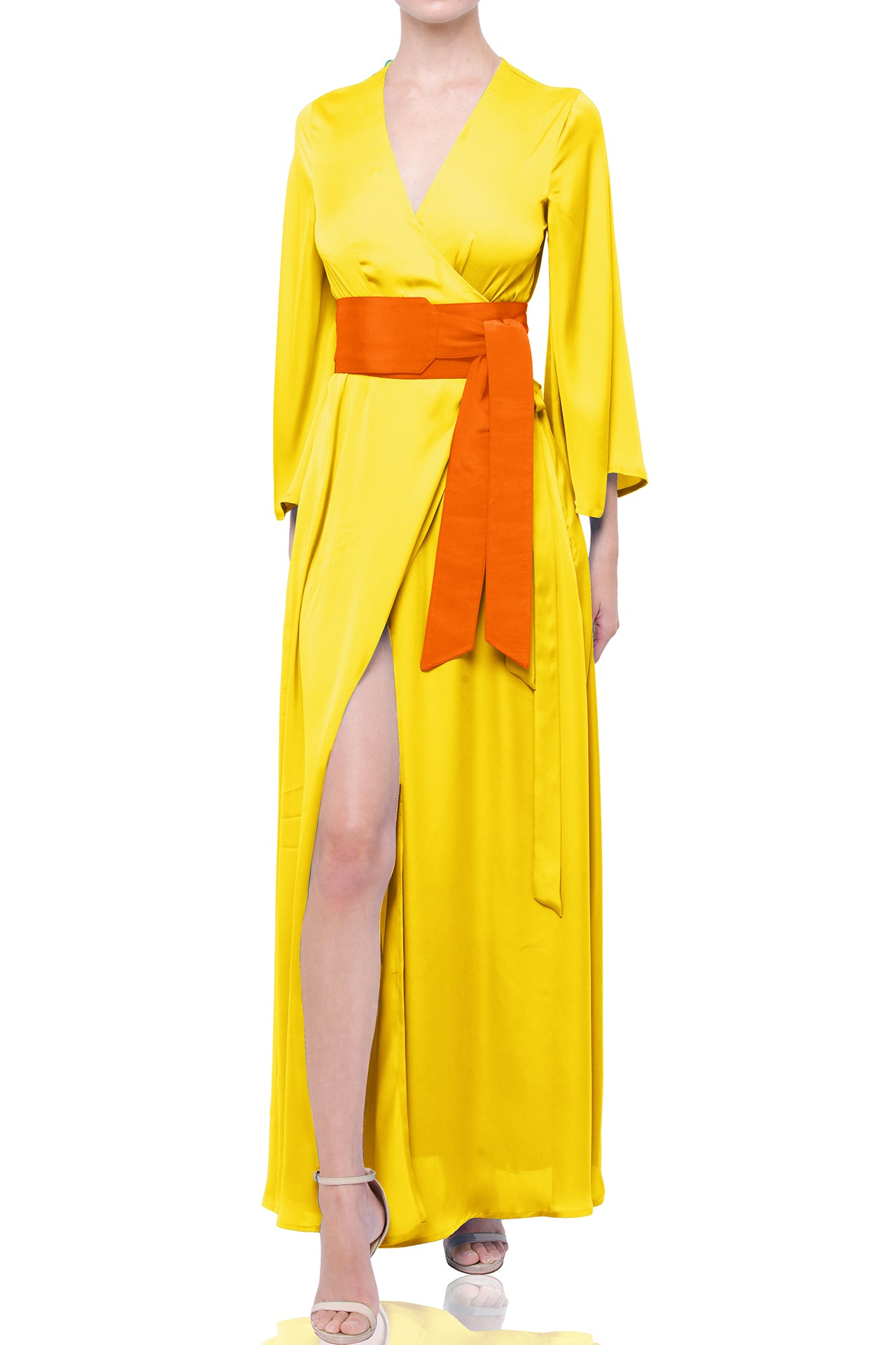 wrap yellow dress 2022 Bestseller Full Sleeve Long Maxi Wrap Dress in Solid Lemon Drop Custom Size