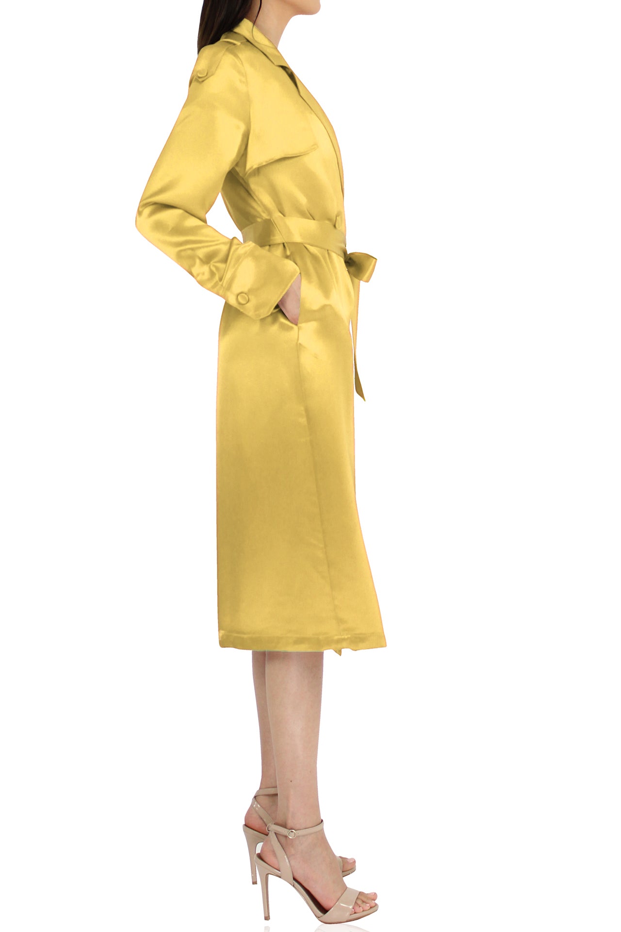 Women Belted Satin Trench Coat In Yellow