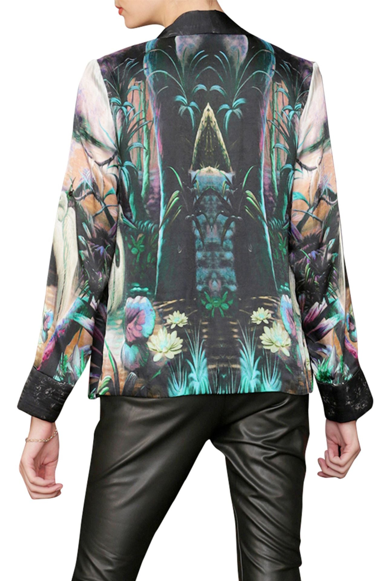 Designer Short Silk Bird Print Jacket