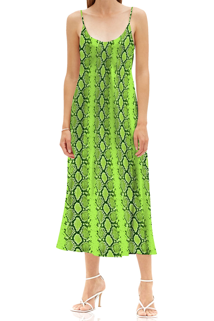 Snake Print Midi Slip Dress Made with Cupro Silk in Sharp Green Kyle x Shahida Snake Print Midi Slip Dress Made with Cupro Silk in Sharp Green Kyle x Shahida