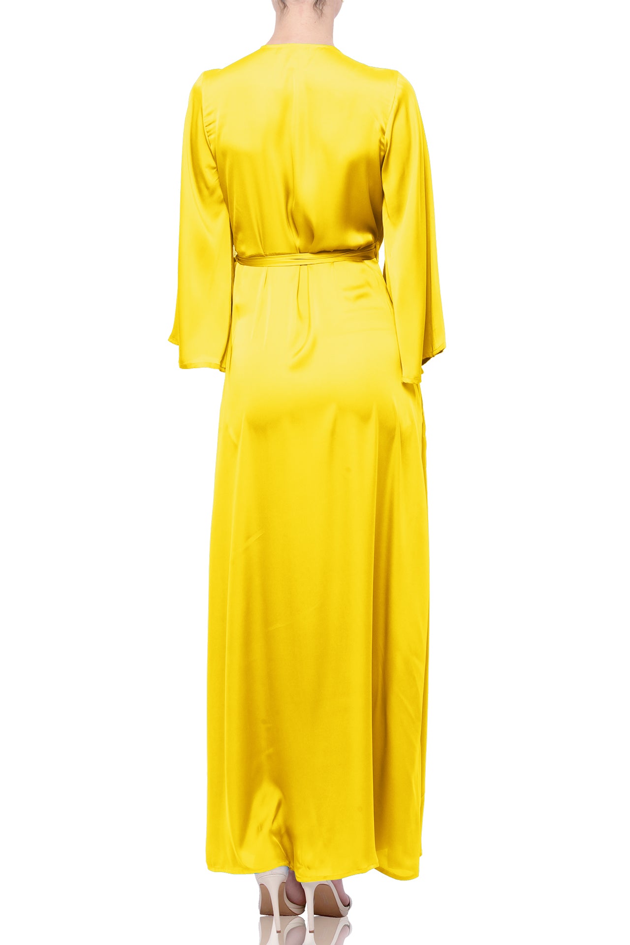 Full Sleeve Long Maxi Wrap Dress in Solid Lemon Drop