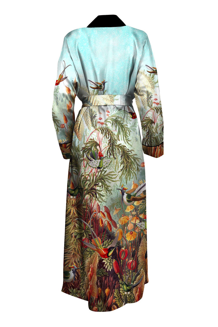 designer silk robe, womens nature print, santorini fashion, kyle richards line, shahida-kyle-richards, luxury resortwear, palm desert style