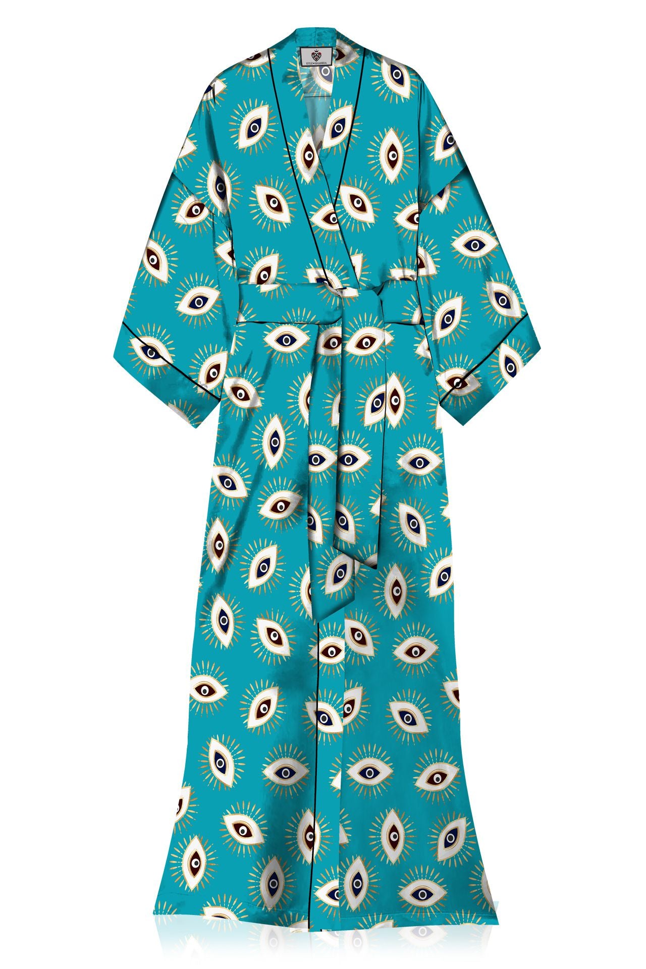 Made with Vegan Silk Long Kimono Robe Dress in Evil Eye Aqua