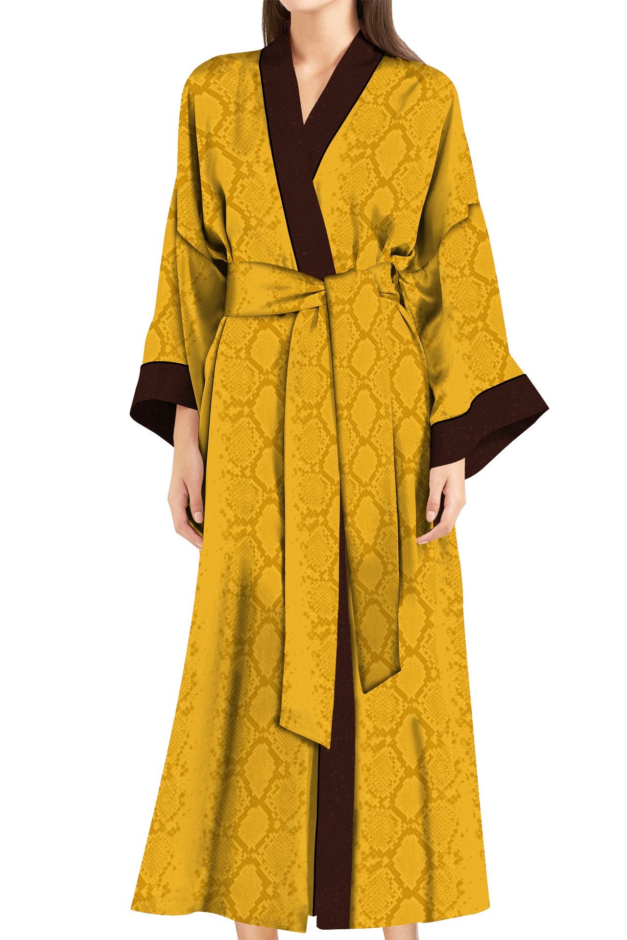Cupro Vegan Silk Kimono Solid Golden Cob Robe in Midi Length