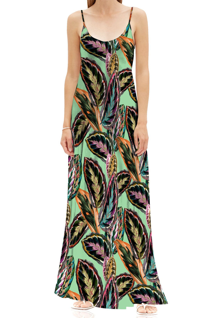 Leaf Print Vegan Silk Cami Slip Dress in Green L Leaf Print Vegan Silk Cami Slip Dress in Green L