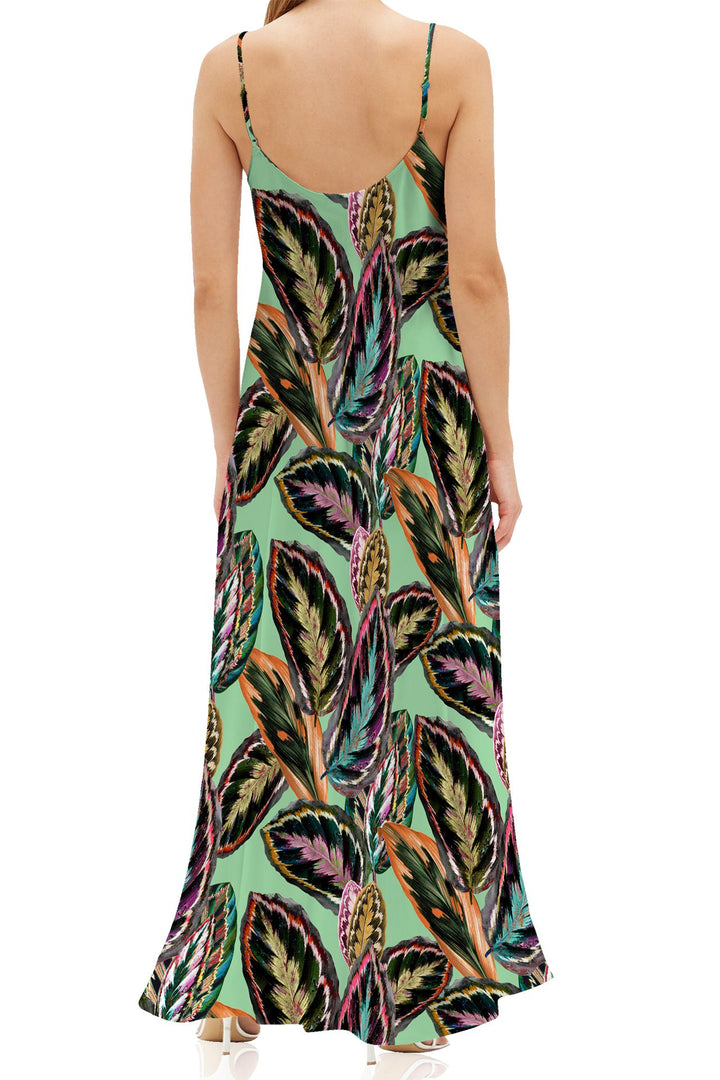 Leaf Print Vegan Silk Cami Slip Dress in Green L Leaf Print Vegan Silk Cami Slip Dress in Green L