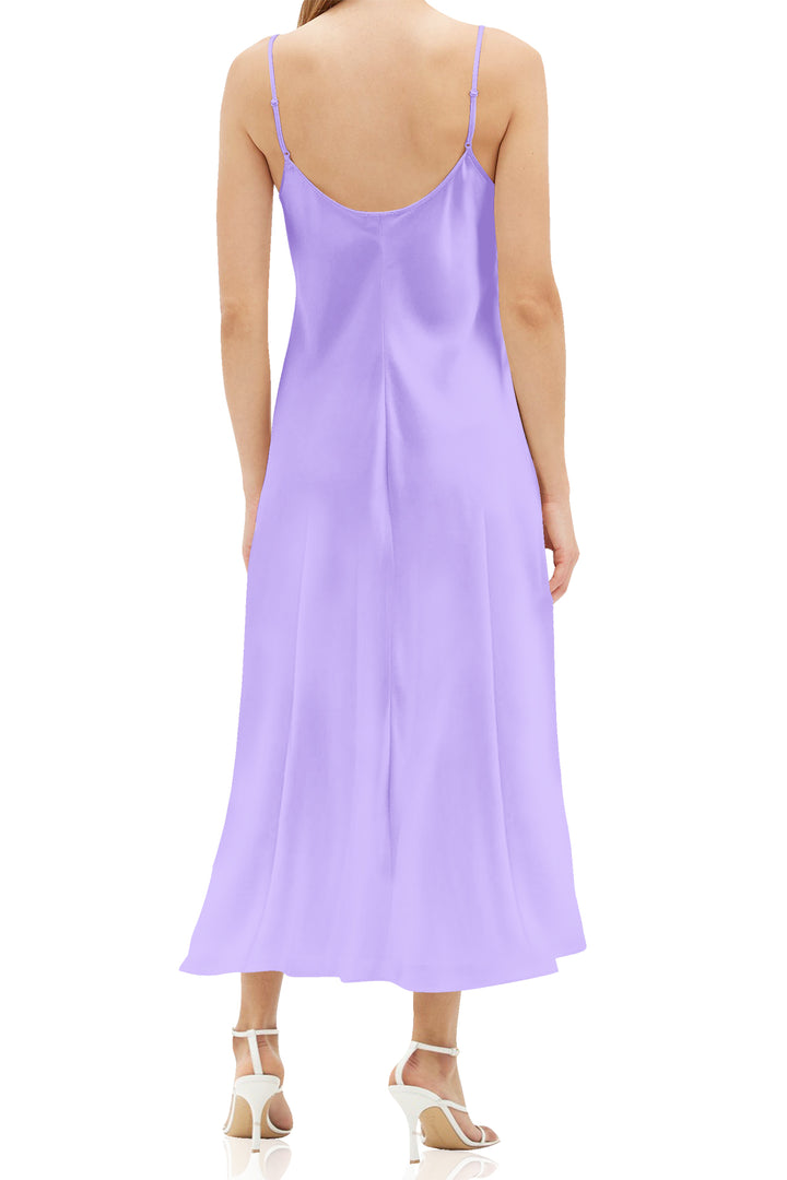 lavender silk midi dress light purple midi dress Fitted Ruffle Shoulder Sheer Sleeve Midi Dress Lavender Frost / L