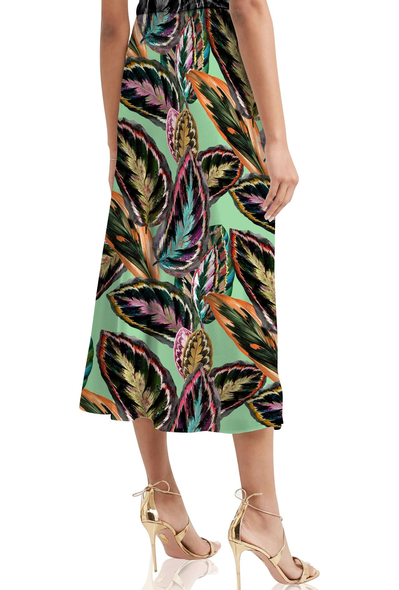 Leaf Print Vegan Silk Skirt in Green