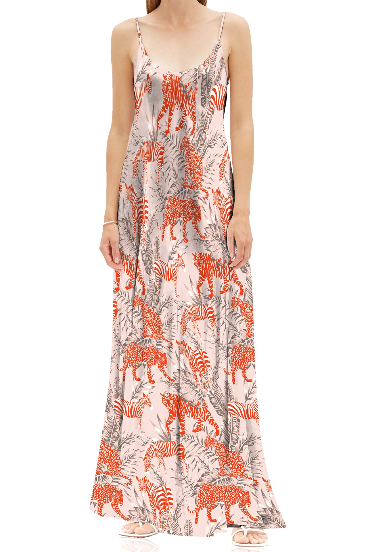 Designer Cami Slip Maxi Dress in Zebra Print Orange