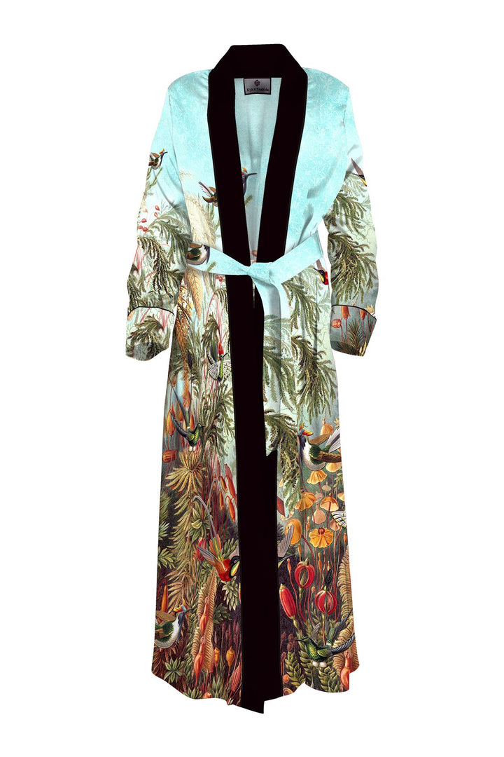 designer silk robe, womens trench, nature print robe, santorini fashion, luxury womenswear, kyle richards line, shahida-kyle-richards