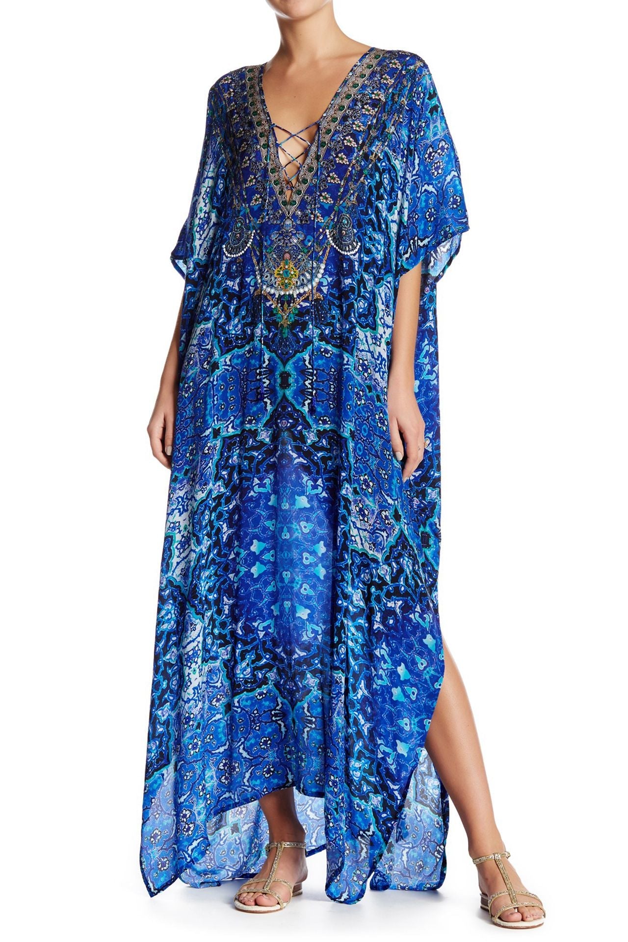Shahida Beachwear Kaftan Dress {Silk Long Kaftan}| Printed Blue Kaftan in Silk ...