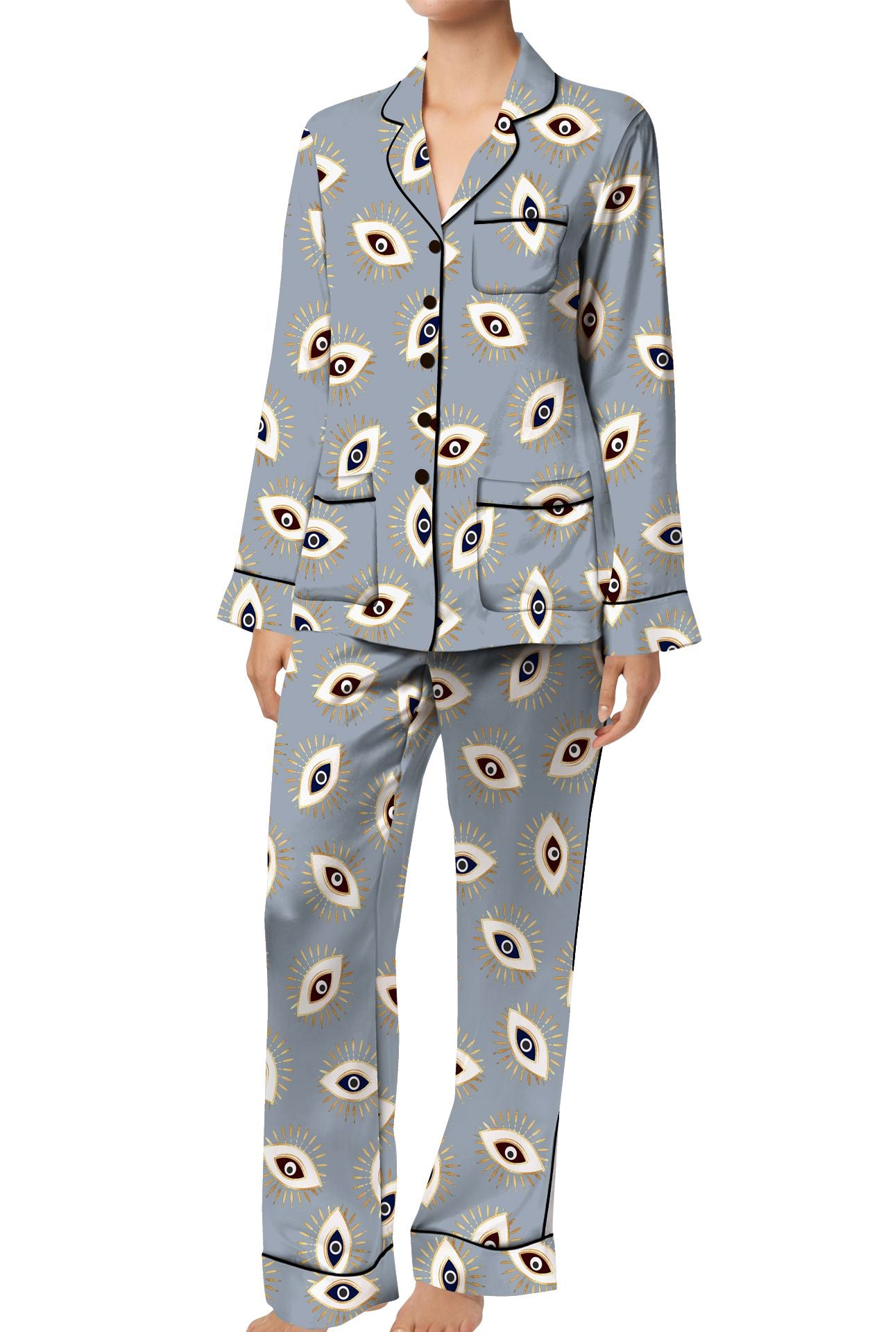 Evil Eye Grey Organic Silk Silk Full Sleeve Pajama Set