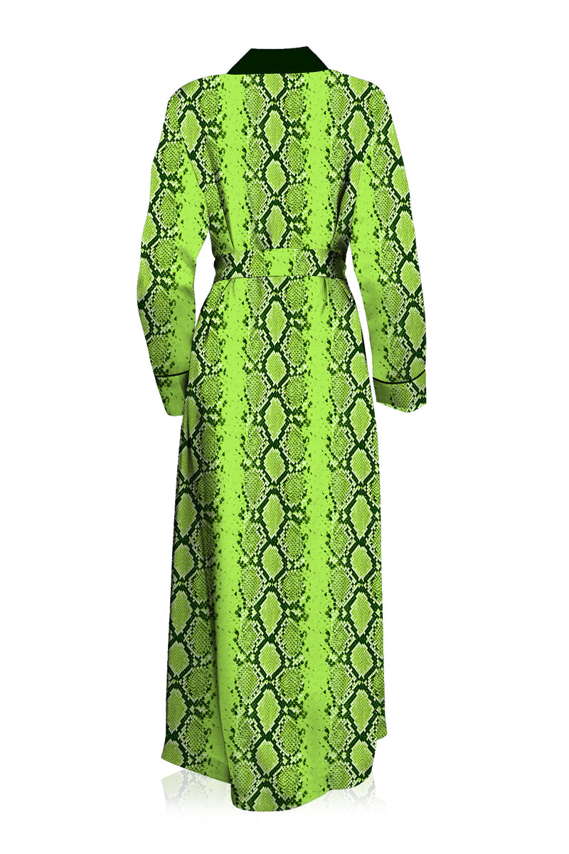 Long Robe Dress in SHarp Green Snake Print Made With Vegan Silk Kyle