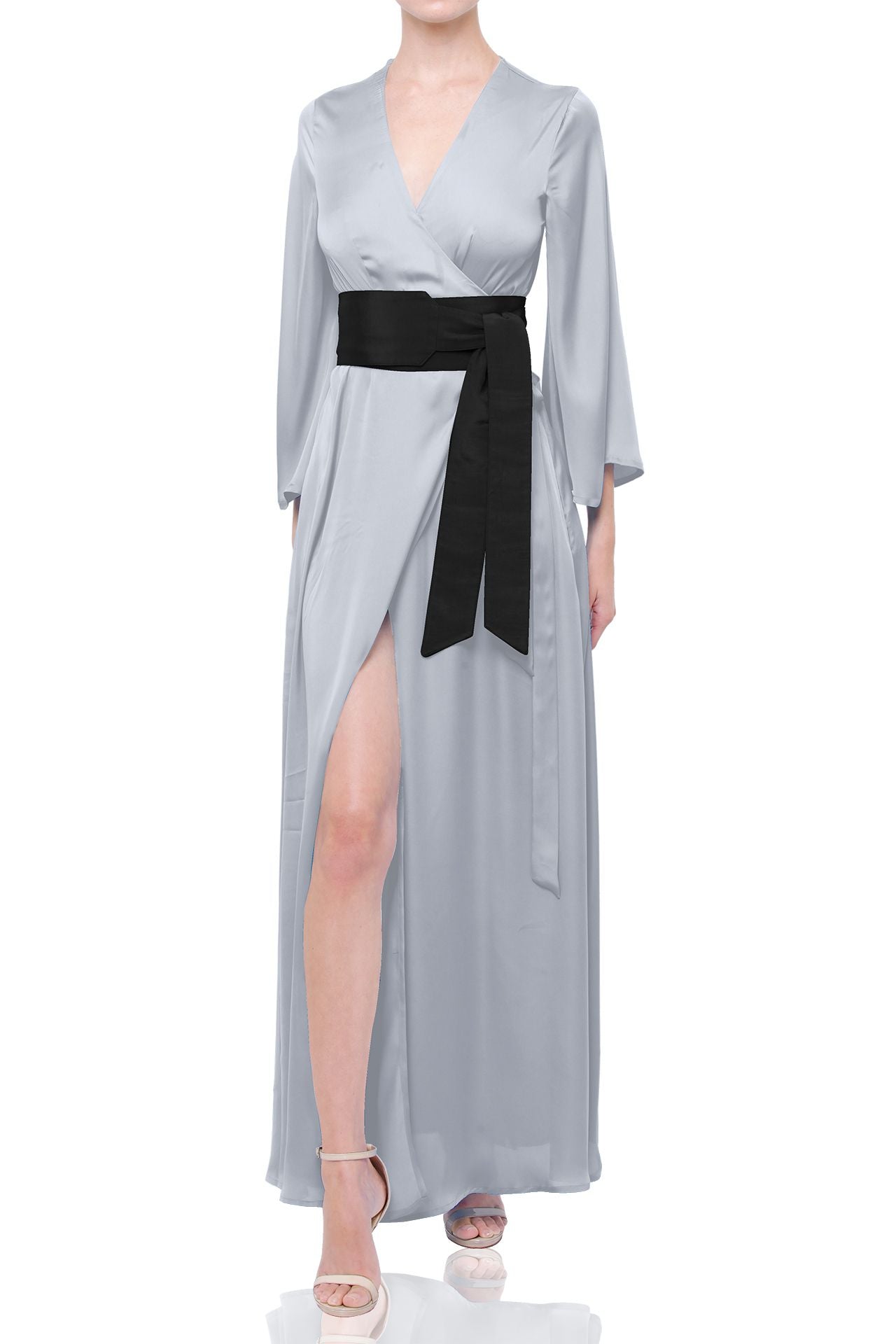 Long Full Sleeve Maxi Wrap Dress in Solid Grey
