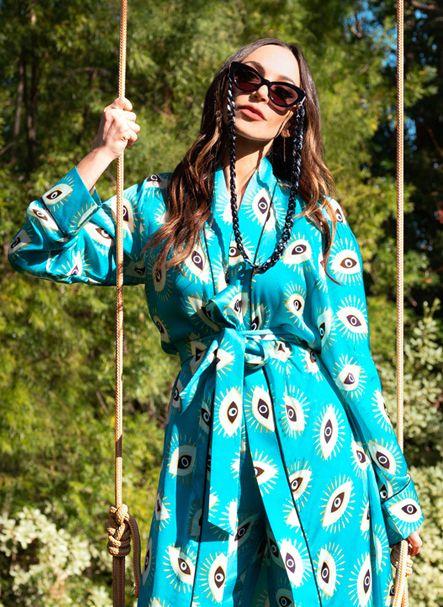 Evil Eye Print Long Robe Made With Cupro