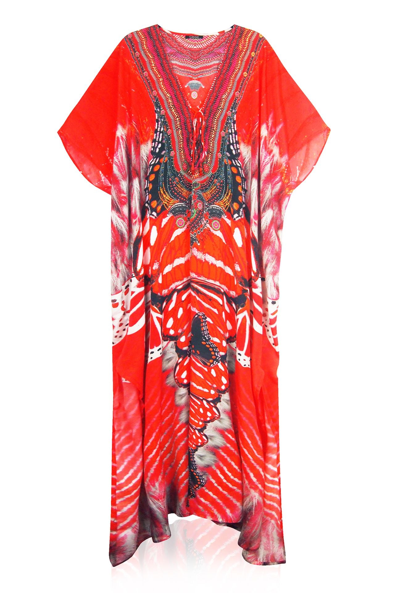 As seen On Kyle Richards Lace Up Caftan Dress In Red Butterfly Print