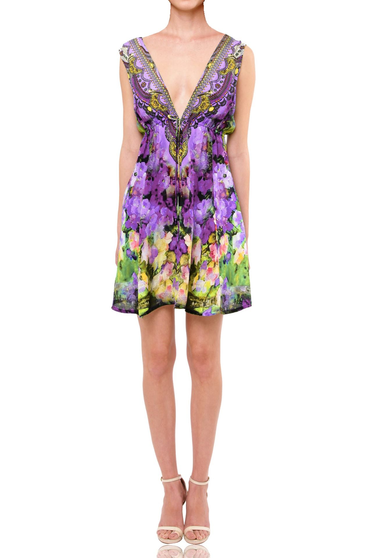 V-Neck Short Dress In Purple Flower Print