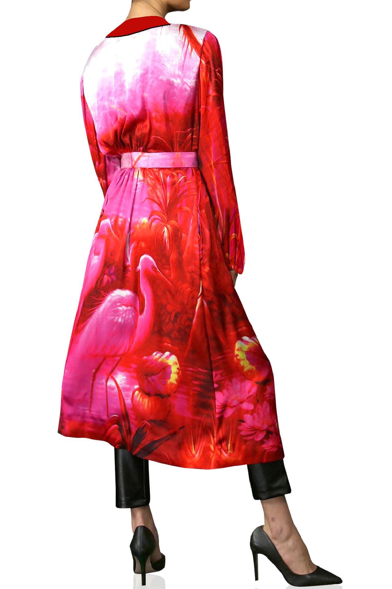 Belted Robe Dress In Fuchsia Print