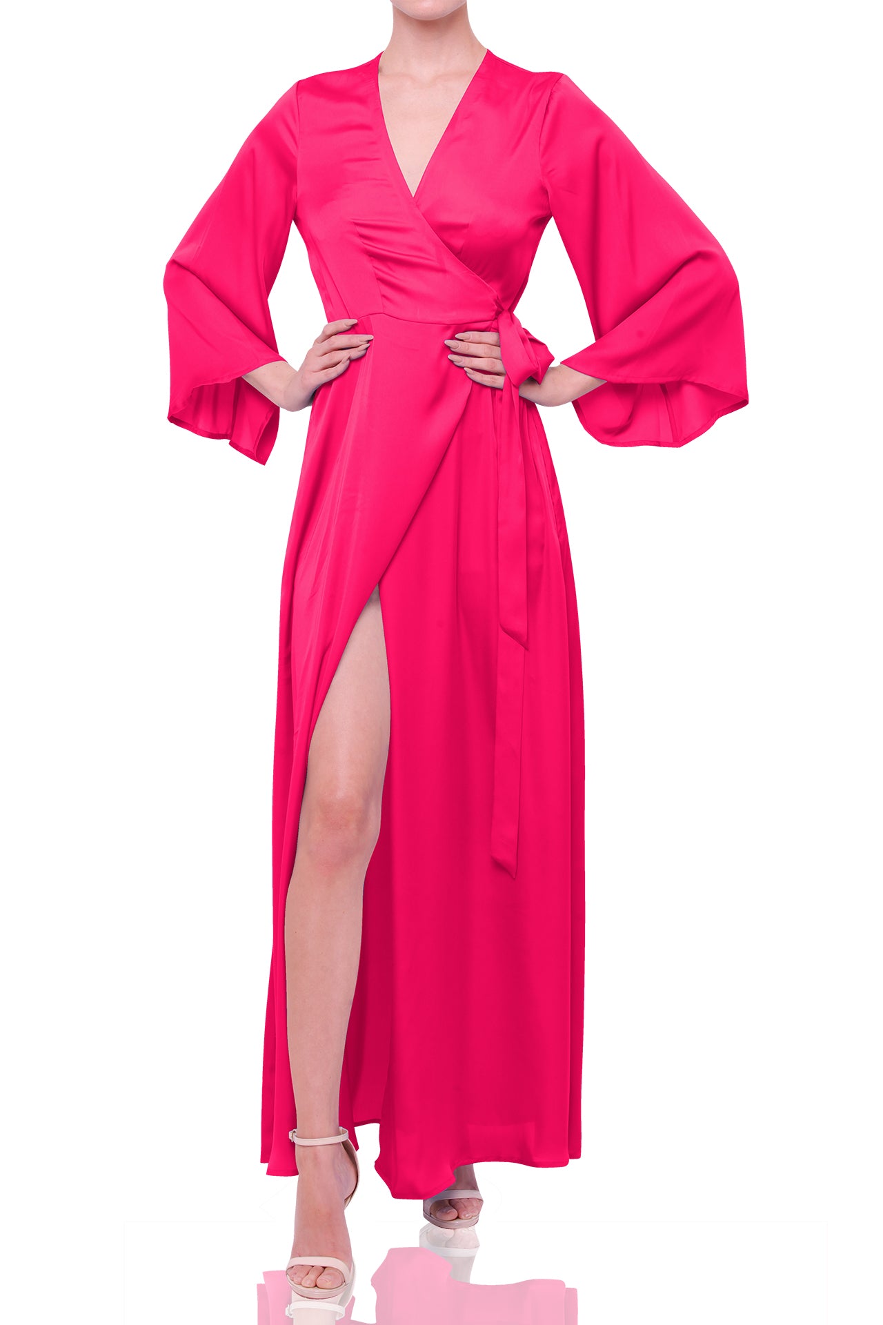 Designer Long Maxi Wrap Dress in Carmine Rose