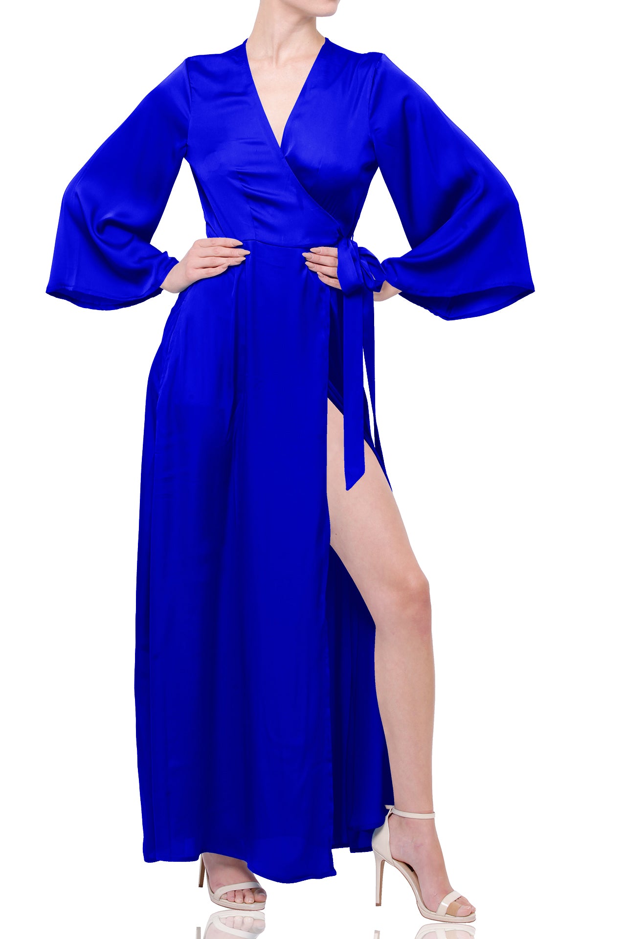 Solid Blue Designer Long Wrap Dress