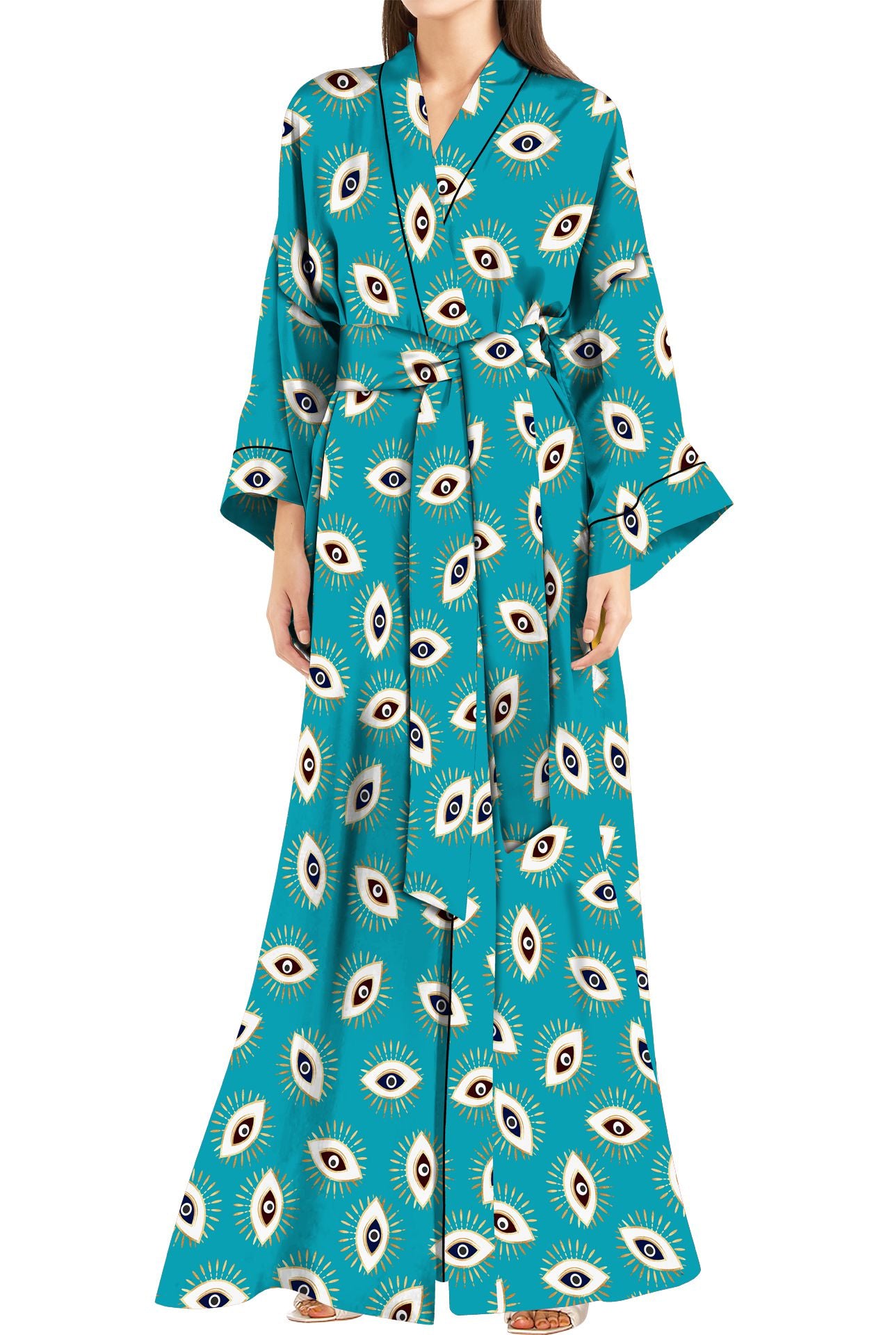 Made with Vegan Silk Long Kimono Robe Dress in Evil Eye Aqua