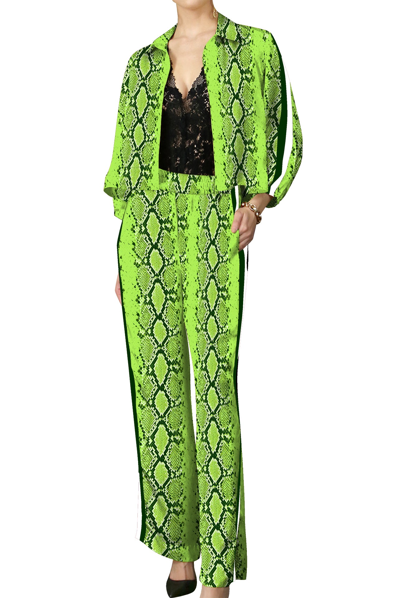 Sharp Green Matching Suit Set in Snake Print Made with Cupro