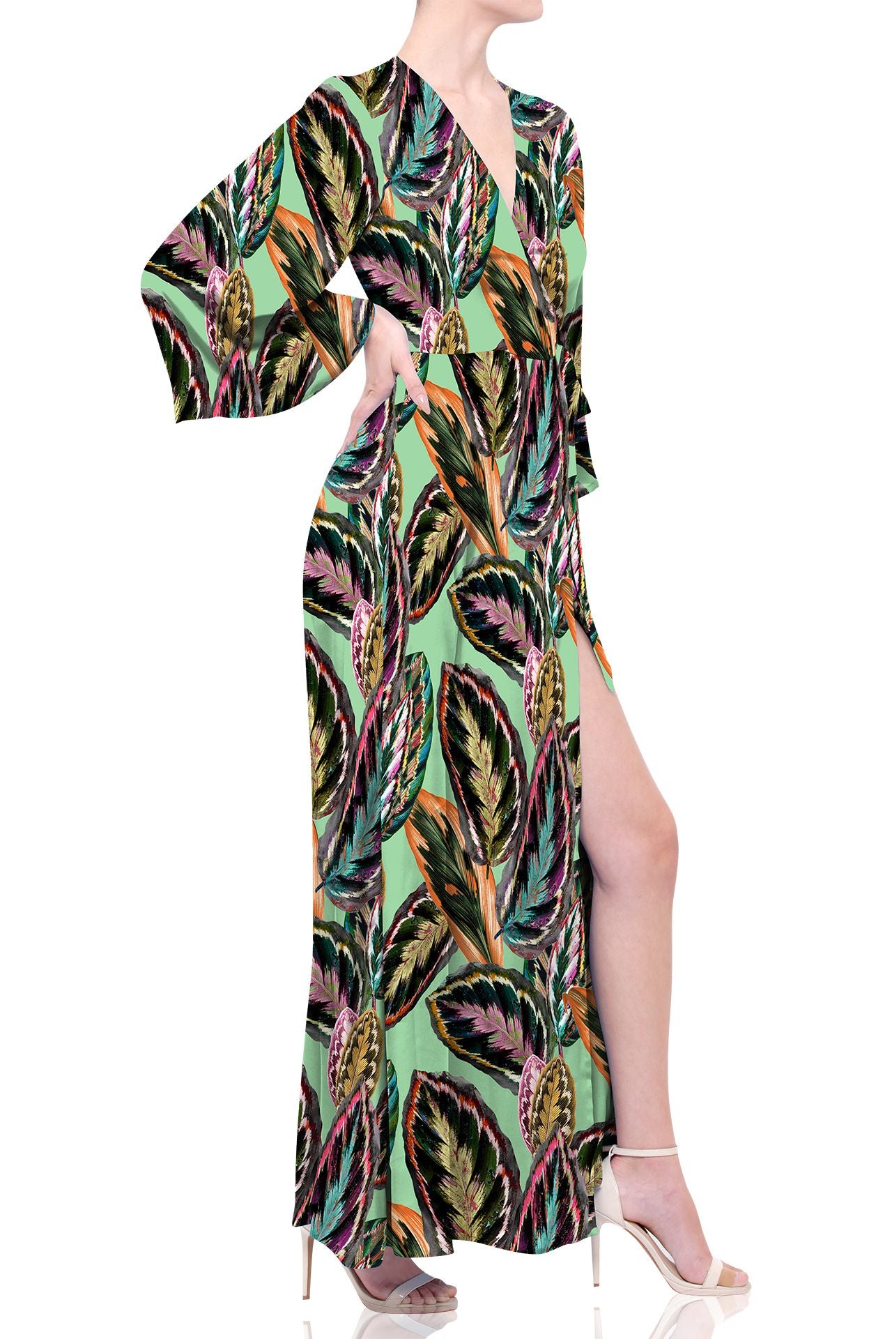 Leaf Print Sustainable Silk Wrap Dress in Green