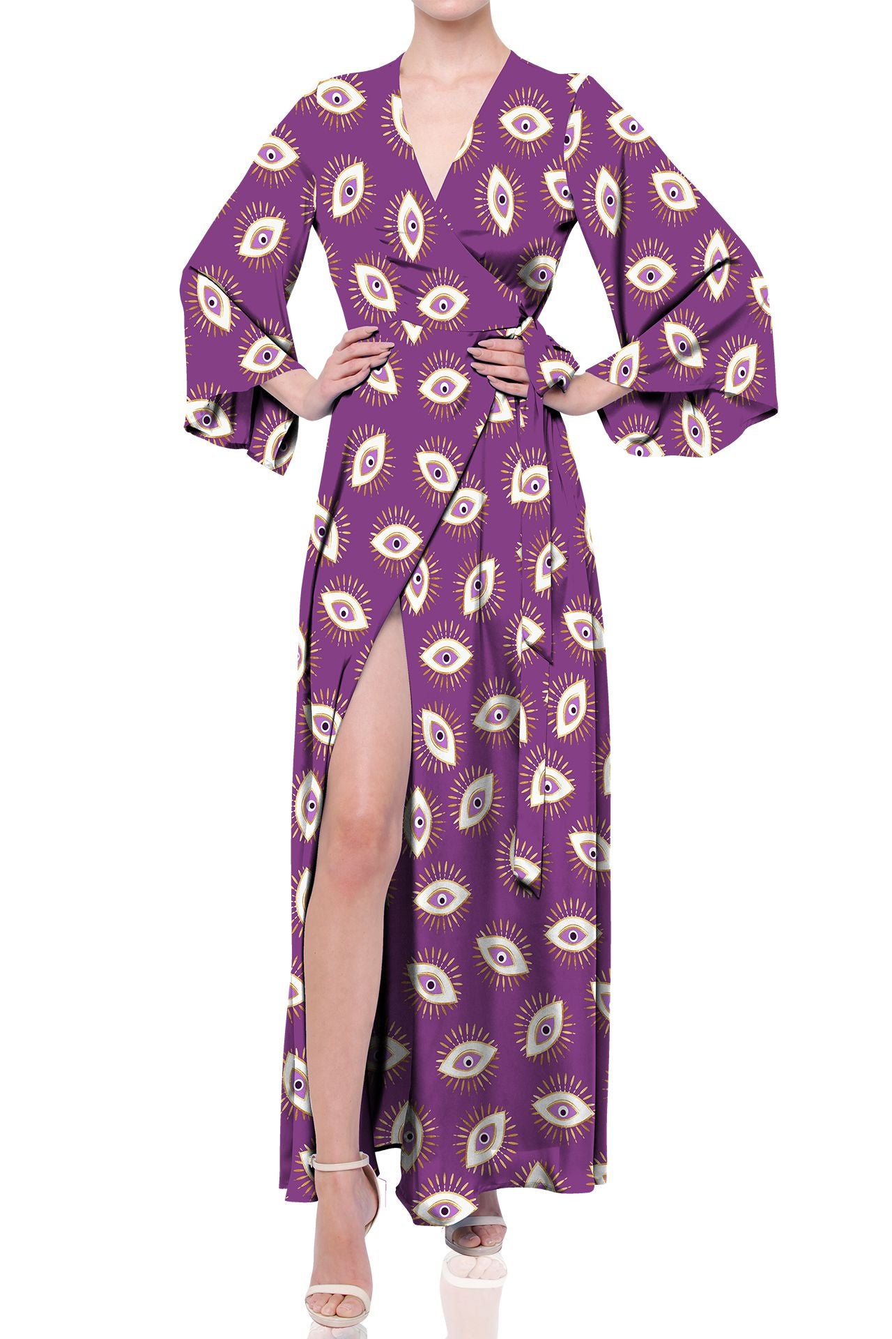Eye Print Long Wrap Dress in Purple