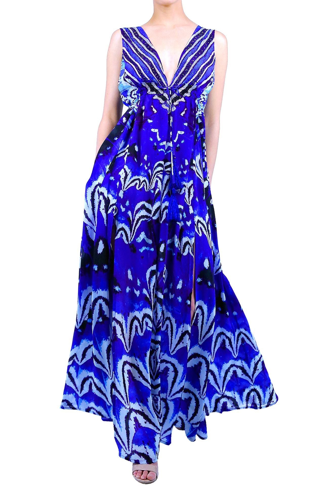 Butterfly Print long  Maxi Dress in Blue