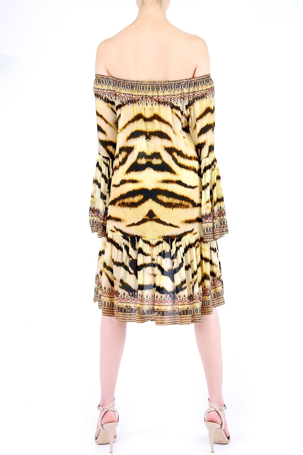 Off Shoulder Short Dress in Tiger Print