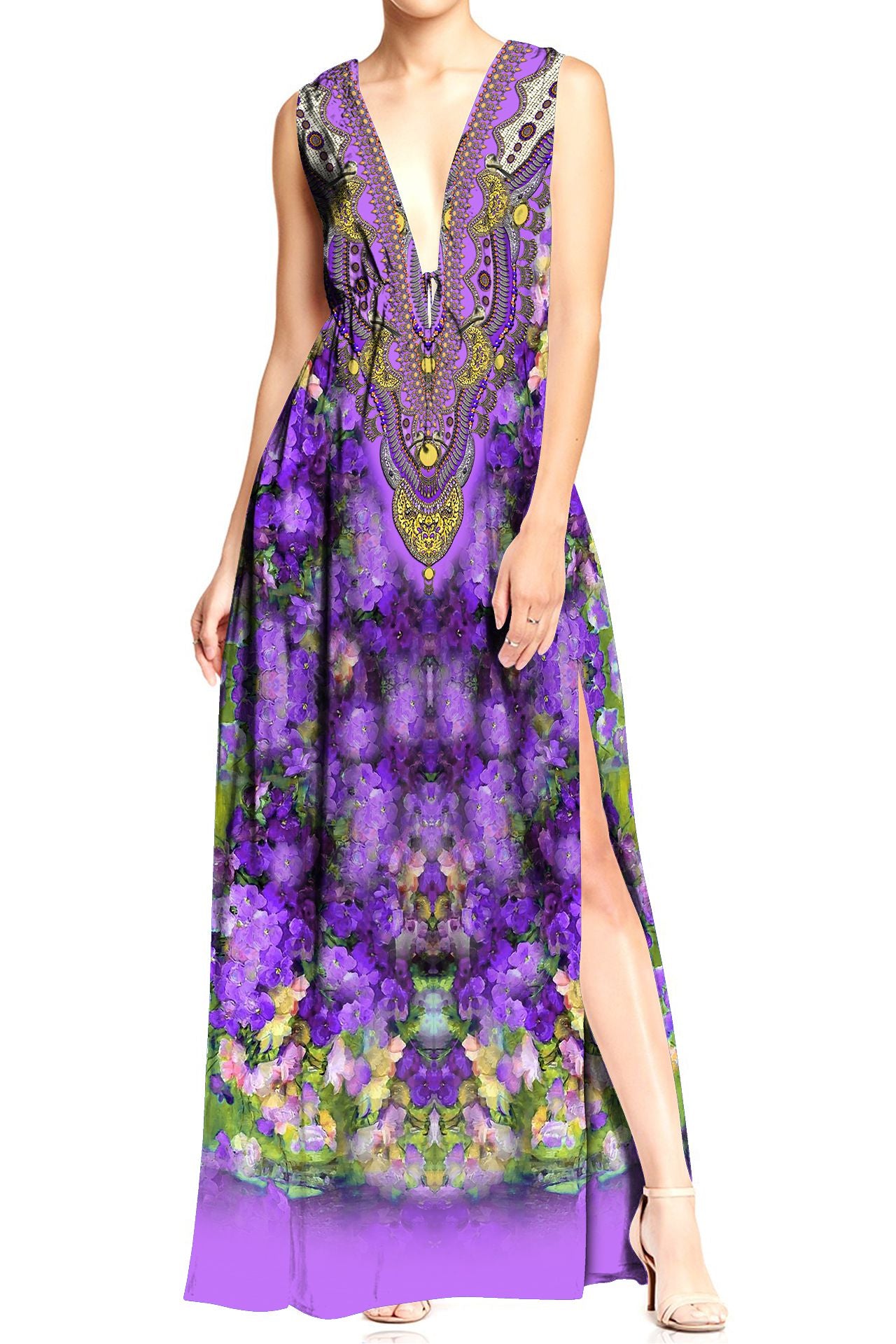 Designer  Hi Slit V Neck Maxi Dress in Purple Floral Print