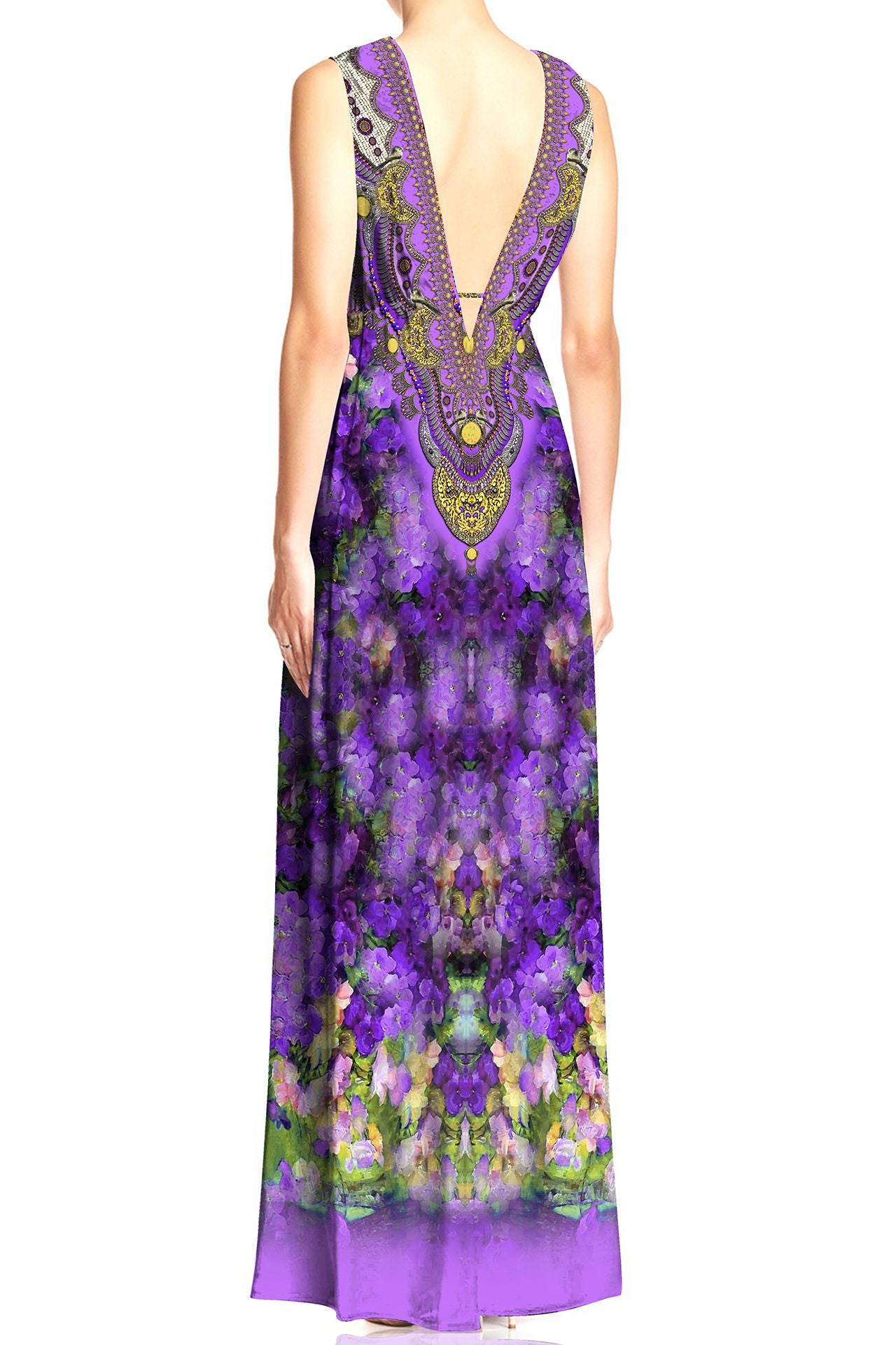 Designer  Hi Slit V Neck Maxi Dress in Purple Floral Print