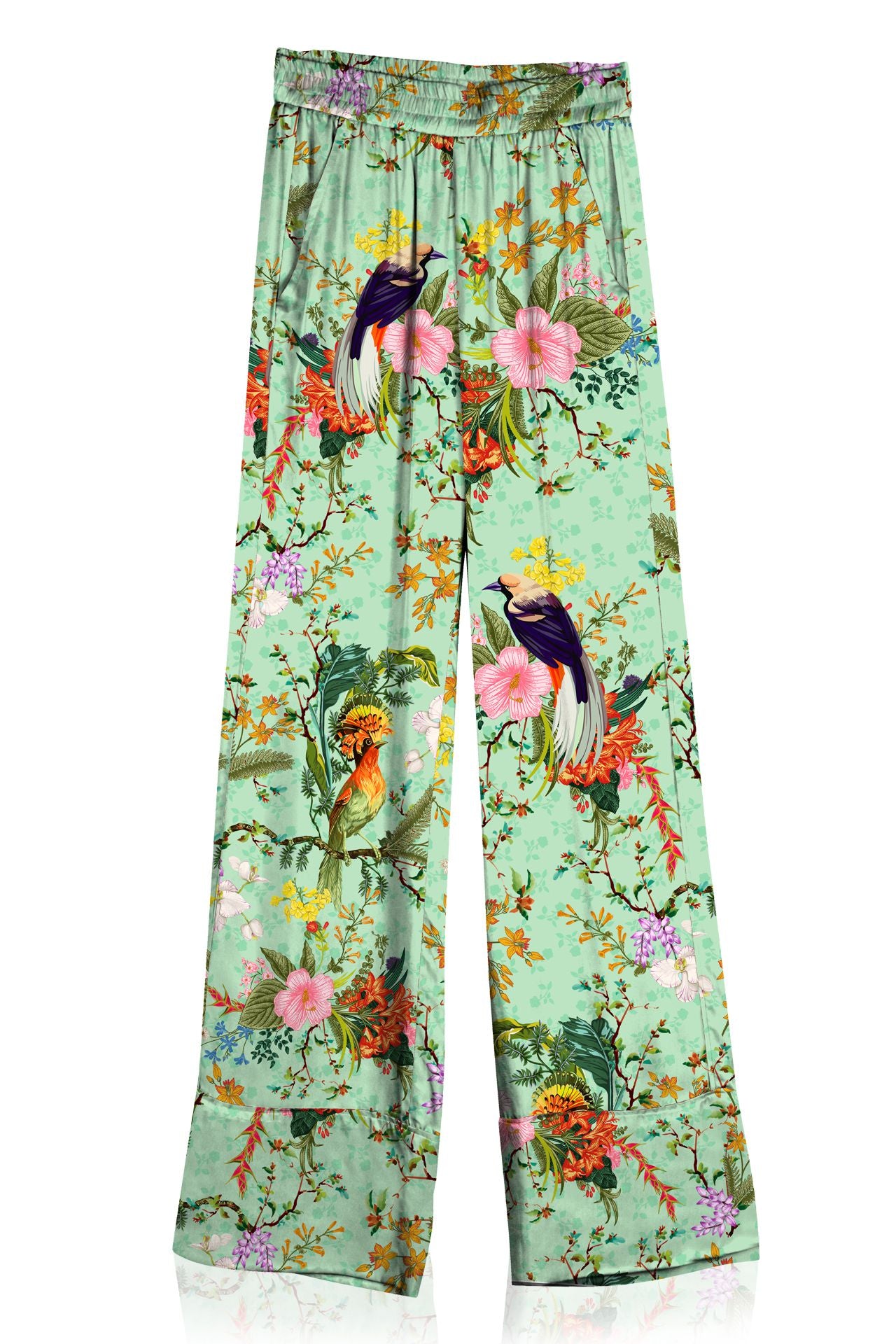 Bird Print Silk Pants|Straight Leg Pants|Printed Silk Pants|Designer ...