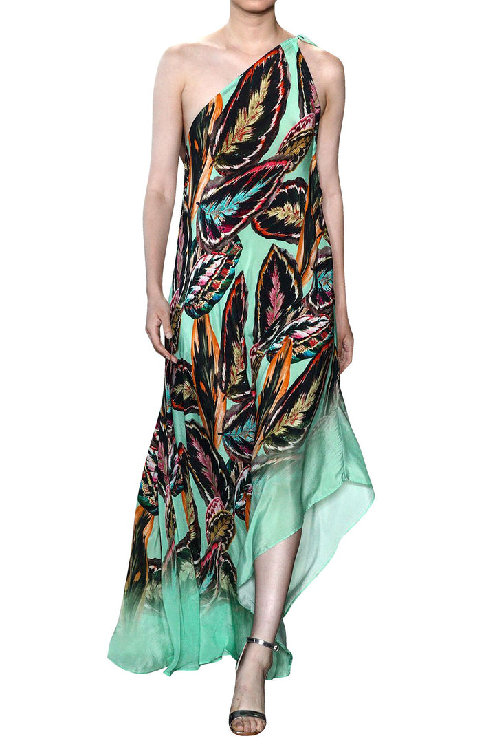 convertible long dress, leaf print gown, versatile fashion wear, stylish convertible dress, luxury leaf print, day to night dress, women’s multi-way dress, chic long dress, elegant leaf design