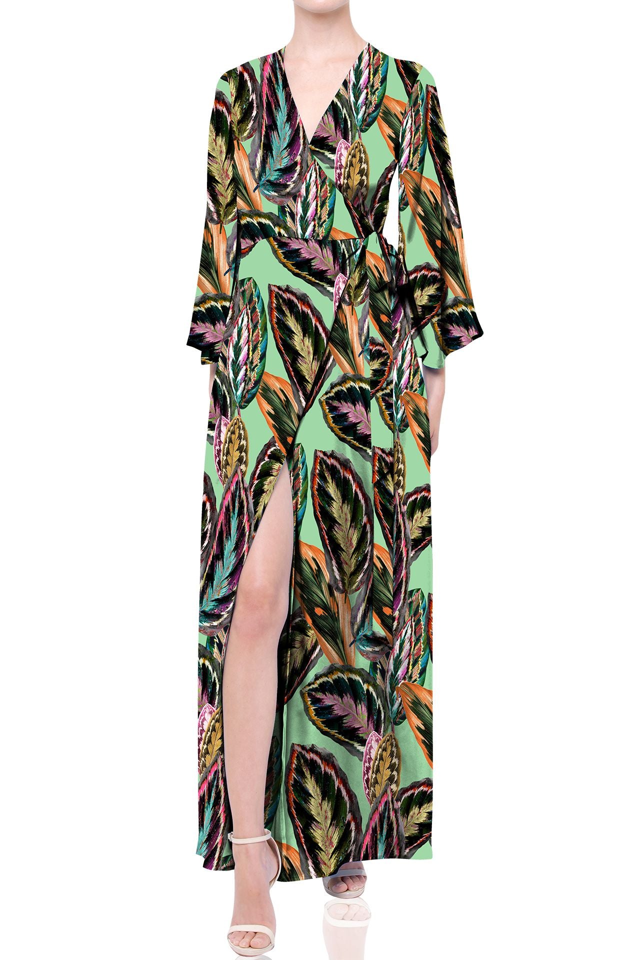 Leaf Print Sustainable Silk Wrap Dress in Green